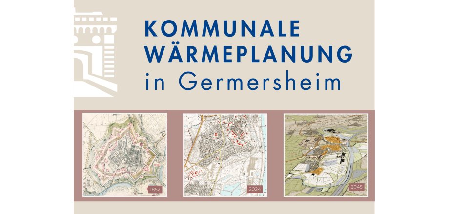 Übersicht der unterschiedlichen Stadtpläne von Germersheim und dem möglichen Stadtbild im Jahr 2045 dem Zieljahr der Wärmeplanung