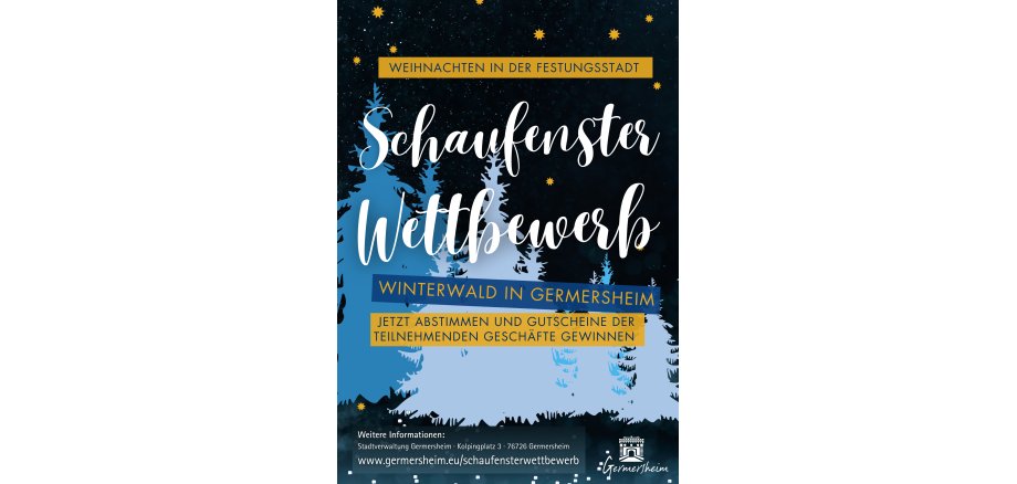 Illustrierter Winterwald mit dem Text "Schaufensterwettbewerb"