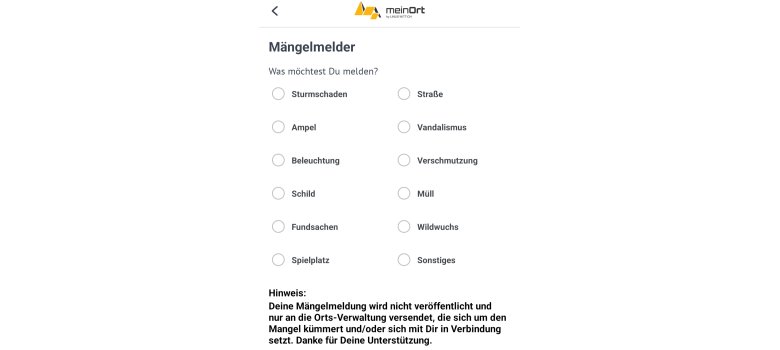 Screenshot aus der Mobil-App meinOrt für Germersheim. Startseite des Mängelmelders.